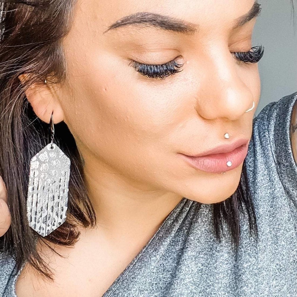 NWT!  Genuine Leather Gunmetal Cheetah earrings - Picture 4 of 4